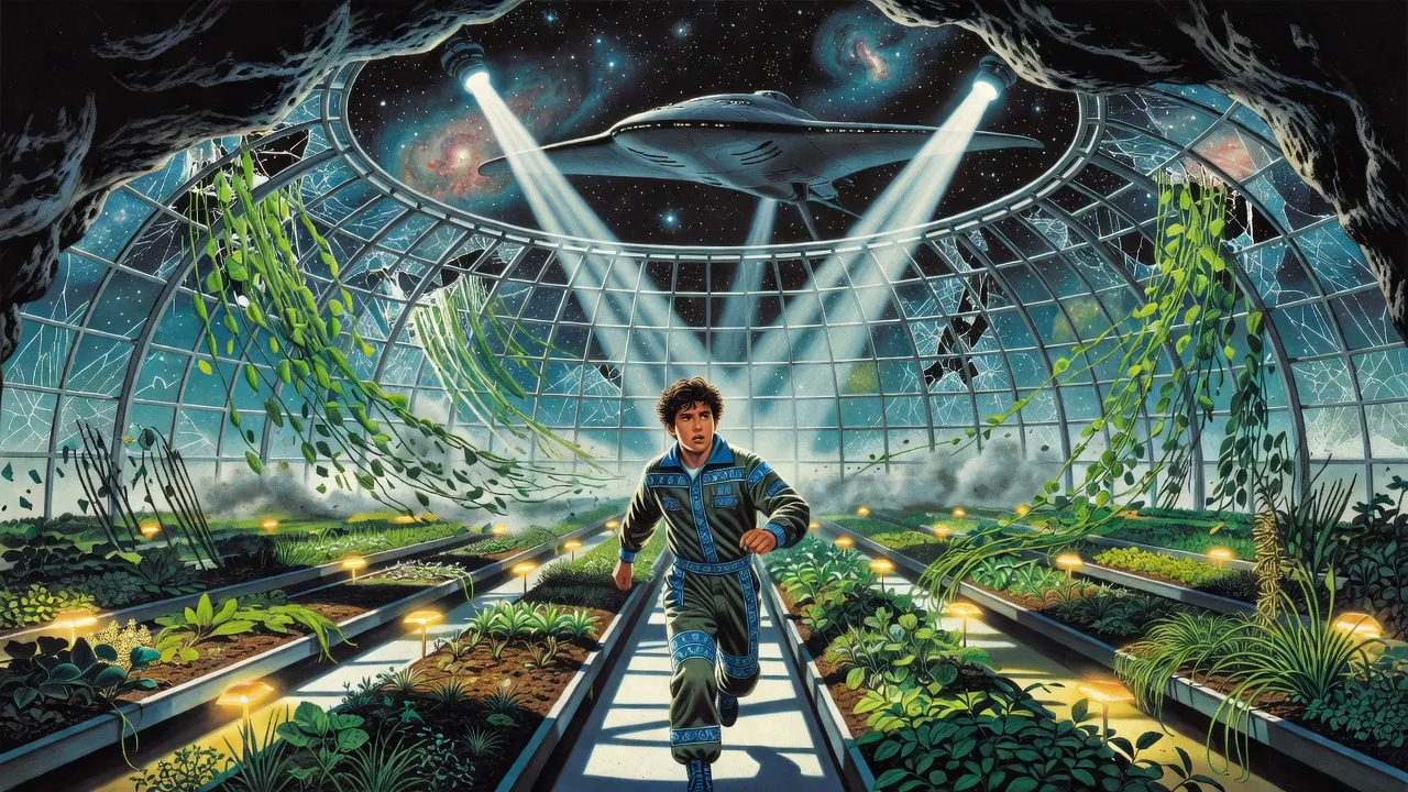 A young man in an embroidered jumpsuit runs through a domed greenhouse inside an asteroid as a grey warship’s searchlights blaze through the cracked glass.