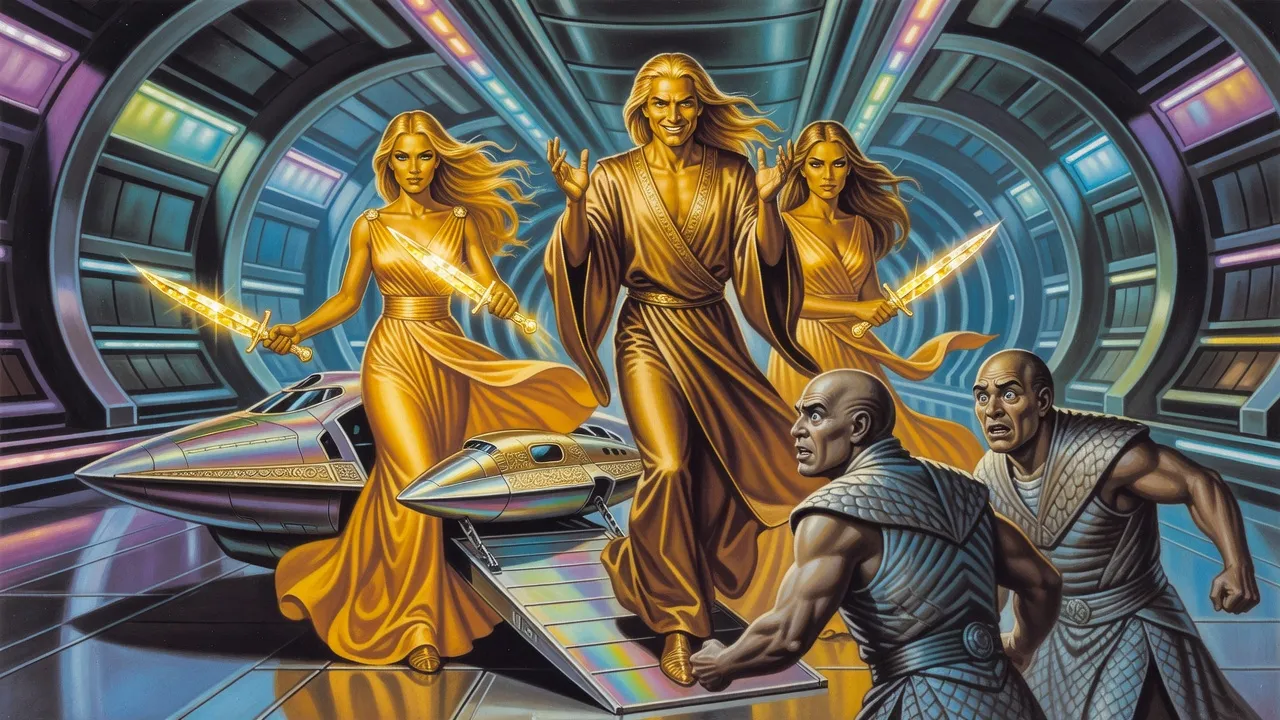 In a jewel-lit hangar, a smirking young golden-haired nobleman steps off a shuttle ramp as the elegant women behind him draw glittering crystal knives and grey-skinned guards turn in alarm.