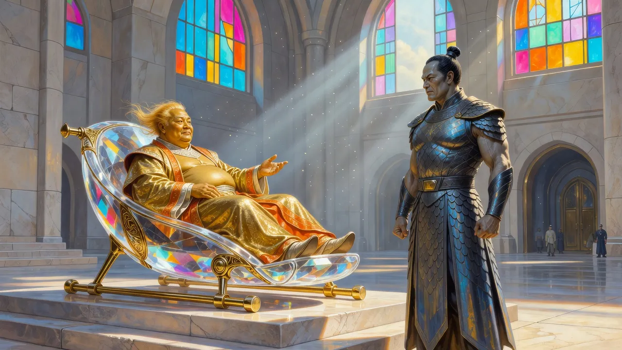 In a sunlit hall a plump, serene nobleman lounges in a cocoon-shaped crystal throne while a broad grey-skinned officer stands before him, fists clenched.