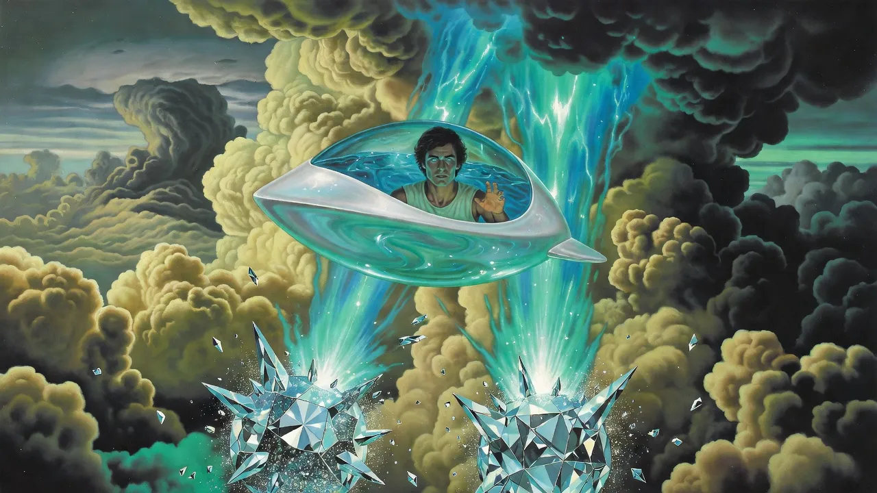 A glowing ship that seems made of water and pearl dives through churning yellow-tan clouds as columns of blue-green light blast down onto diamond spheres below.