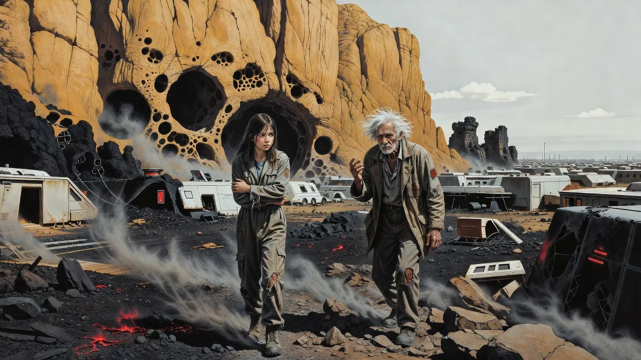 A thin, dark-haired girl stands alone among scorched ruins below a cliff of caves as a scrawny white-haired old man picks his way toward her.