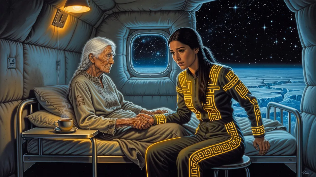 In a cramped lamplit base room, a very old woman sitting up in a narrow bed grips the hand of a younger dark-haired woman beside her, a steaming cup at her elbow.