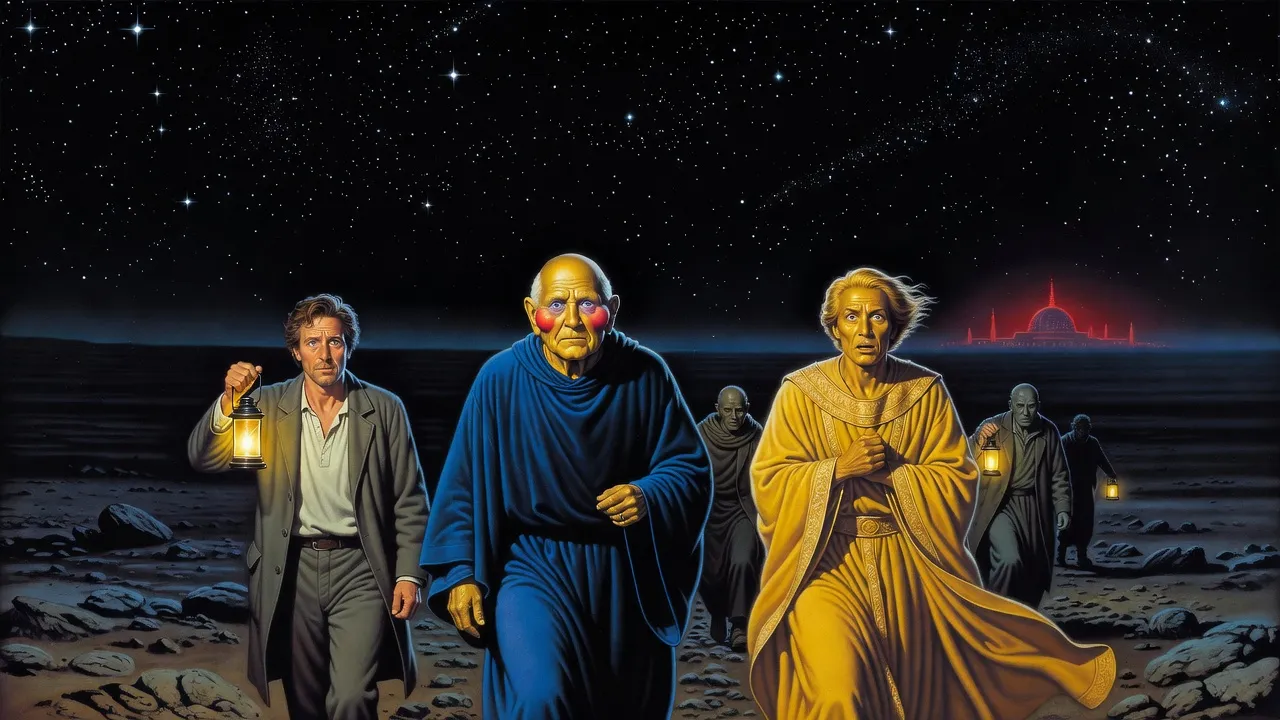 In near-total darkness, a small party with hand lamps stumbles across a rocky plain: a young human man, an elderly alien with glowing cheek-lobes, and a nobleman in voluminous yellow robes.