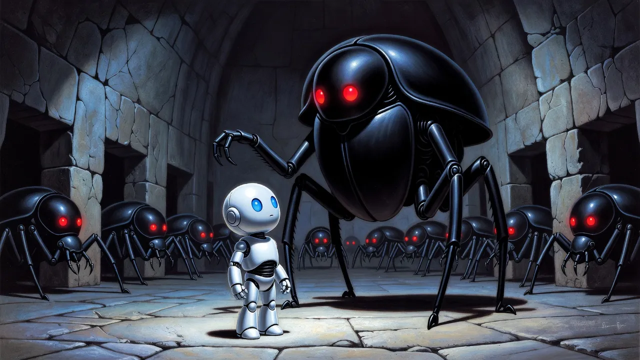 In a vast dim chamber of ancient stone, a small silver-white robot stands beside a towering black beetle-shaped robot as rows of dormant black robots flicker awake with red eyes.