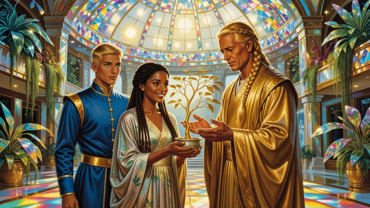 Under a great dome of coloured glass, a dark-braided young queen in a pale gown offers a small golden-barked tree in an ornate pot to a tall golden-robed ruler, while a young king looks on.