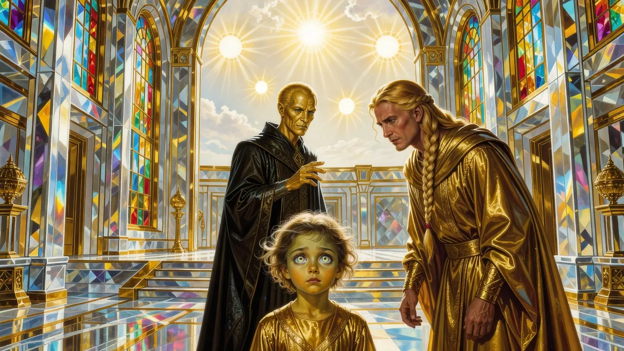In a bright palace hall, a stern nobleman ushers a solemn little girl toward a tall golden-robed ruler who bends toward her, while she stares back at him warily.