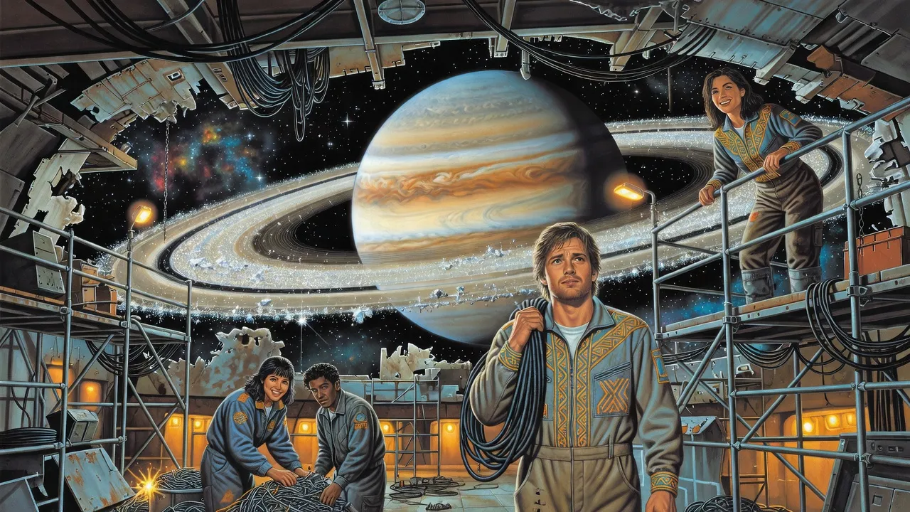 Inside a cluttered shipyard bay overlooking a ringed planet, a fair-haired young man hauling cable glances up at a dark-haired young woman watching him from a catwalk.