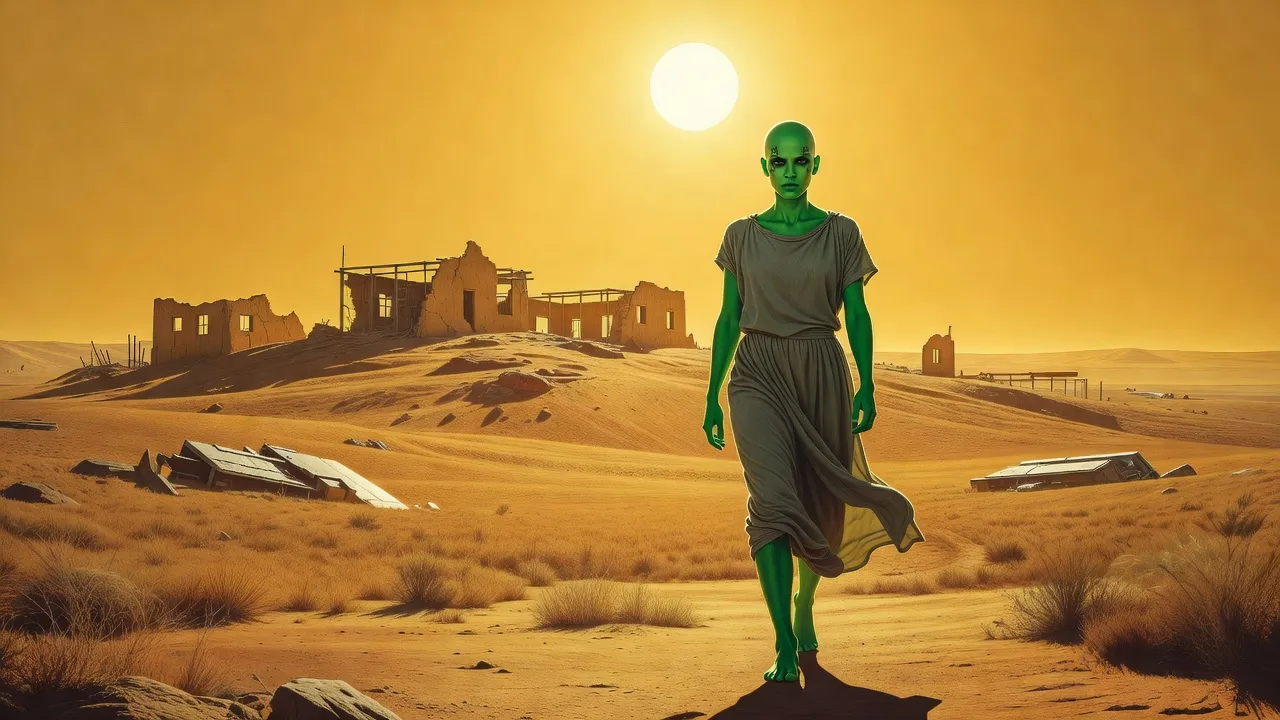 Under a hot pale sky, a bald green-skinned woman in a plain grey shift walks alone across dry scrubland, leaving the empty shells of an abandoned settlement behind her.