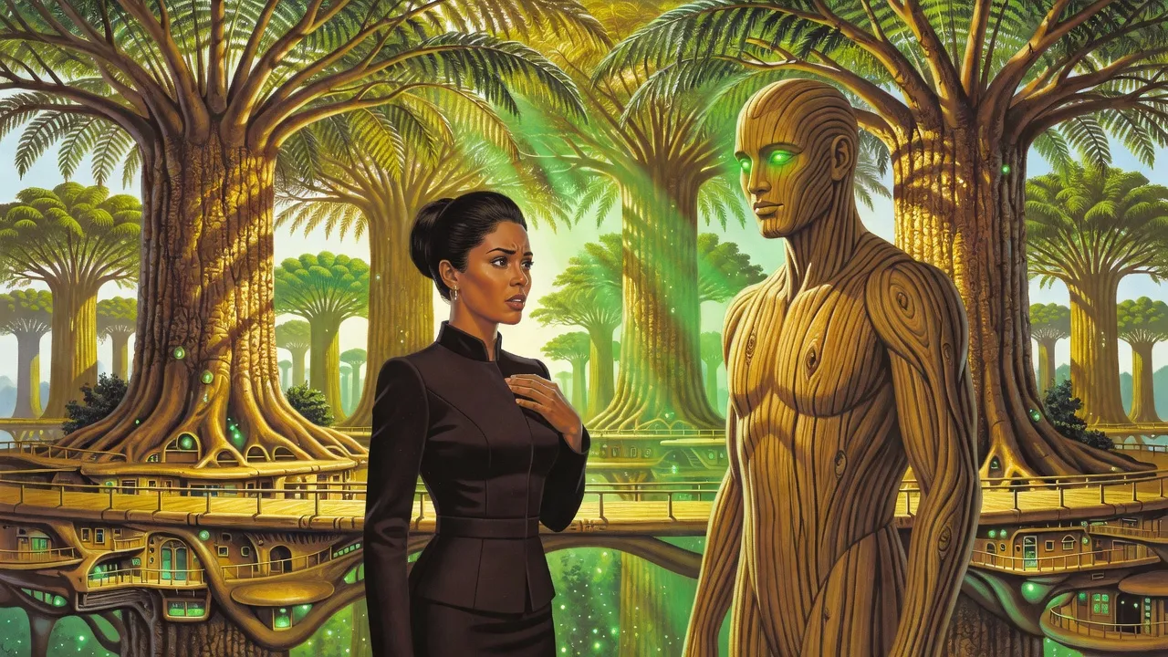 Beneath giant golden-barked trees, an elegant dark-haired woman in a fitted gown faces a tall man-shaped figure of living wood whose eyes glow soft green.