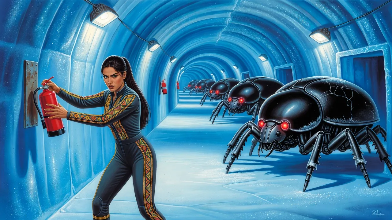 In a tunnel of glittering blue ice, a dark-haired woman in an embroidered jumpsuit snatches a red fire extinguisher as black beetle-shaped robots in niches behind her flare awake with red eyes.