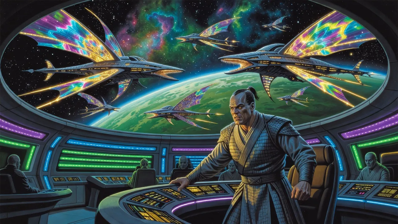 On the jewel-lit bridge of an alien warship, a broad grey-skinned officer grips the command rail and stares grimly through the viewport at a line of ornate warships above a bright planet.
