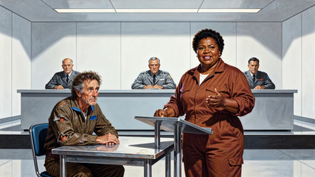 In a stark hearing room, a big woman in rust coveralls argues fiercely before a table of grey-uniformed officers while a wiry, frizzy-haired pilot sits hunched beside her.