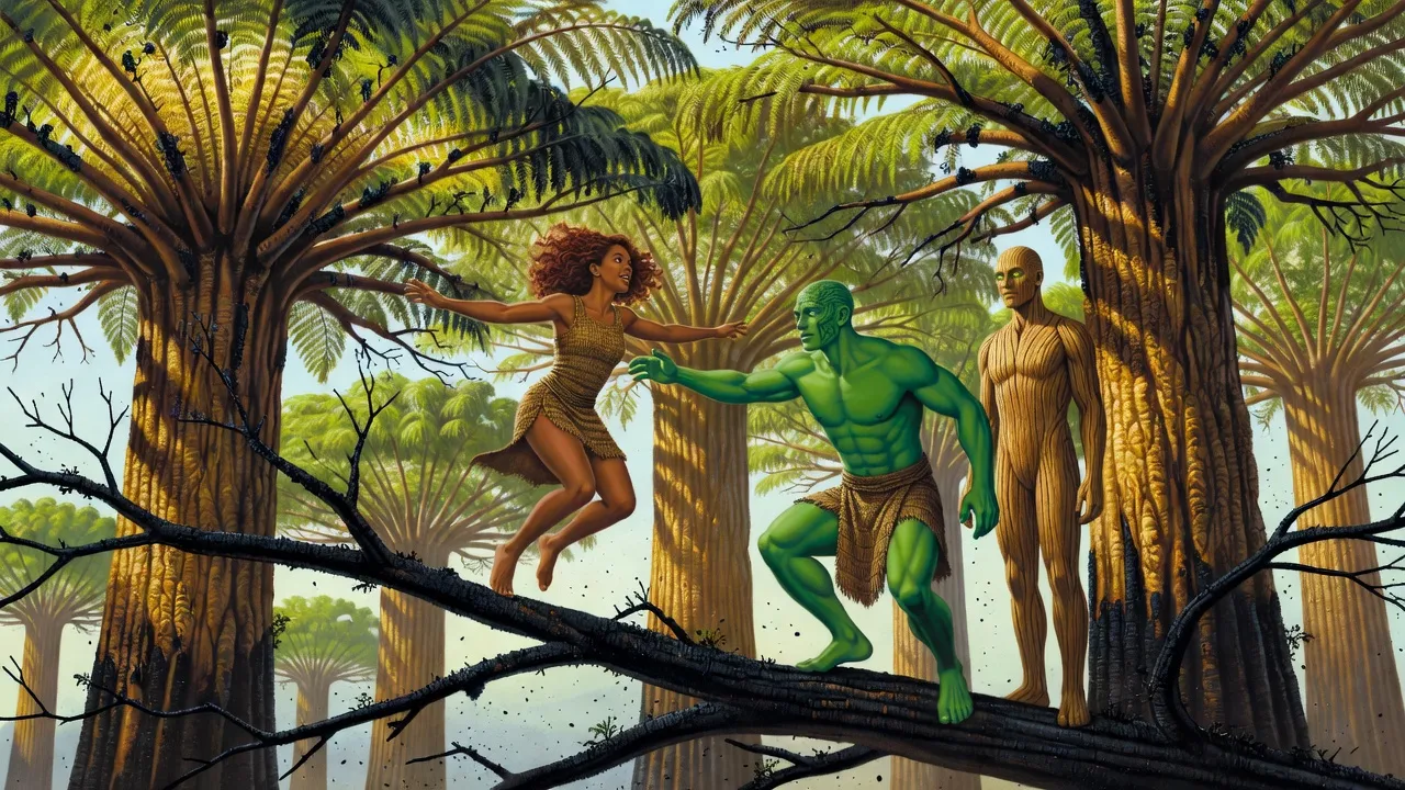High in a burned forest canopy, a lithe young woman and a broad-shouldered green-skinned young man leap between blackened branches while a figure of living wood watches from a trunk.