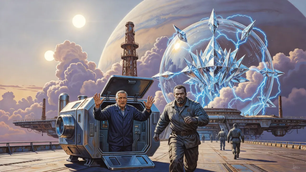 On a broad landing deck above towering clouds, a grey-haired man at a boxy module’s hatch waves a squat grey-skinned miner and his crew aboard as a diamond sphere rises from the clouds behind.