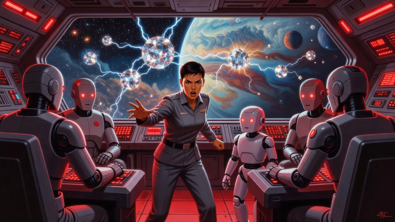 On a cramped, red-lit warship bridge, a young woman officer shouts an order as grey combat robots at the controls sit motionless and a small pale robot looks between them; diamond spheres fill the viewport.