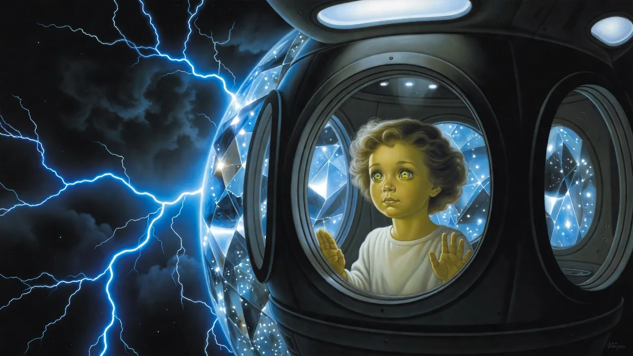 Inside a small armoured sphere deep in a crushing, storm-dark atmosphere, a solemn little girl stands with her palms on a thick round viewport as a glittering crystal structure looms in the murk.