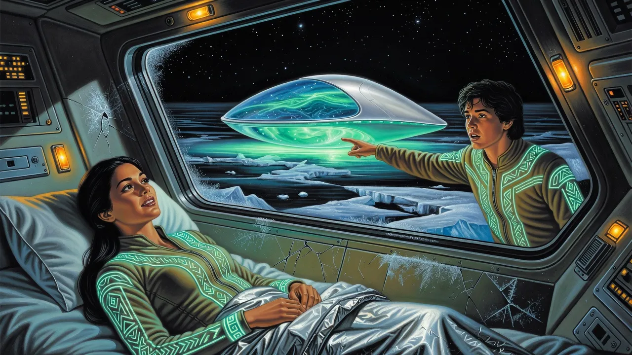 Inside the frosted cabin of a crashed little ship, a pale, exhausted woman lies on a bunk while a young man at the viewport points out at a glowing ship of water and pearl settling onto dark ice.