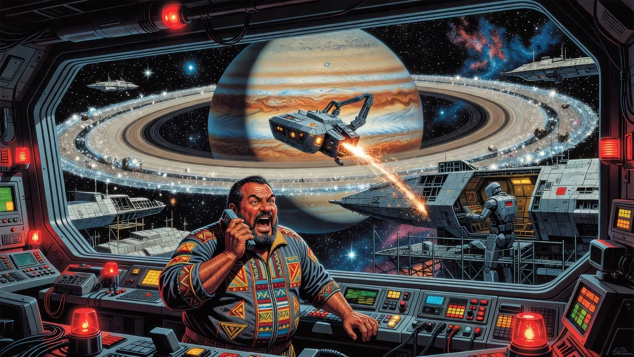 In a shipyard control room among planetary rings, a big bearded man bellows into a comm as through the window a small work pod with grappling arms hurtles like a missile toward a half-built hull.