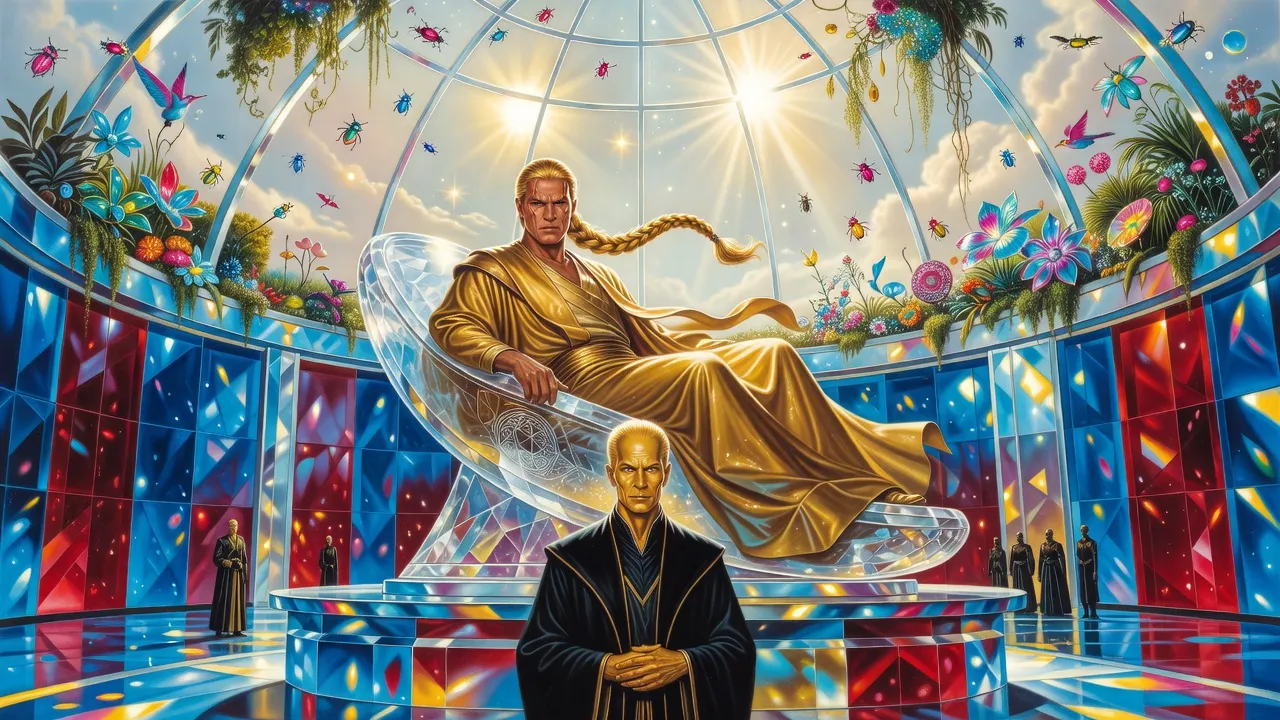 Under a great dome of coloured glass, a grim nobleman in dark robes stands before a golden-robed ruler who has half risen from a cocoon-shaped throne, stricken.