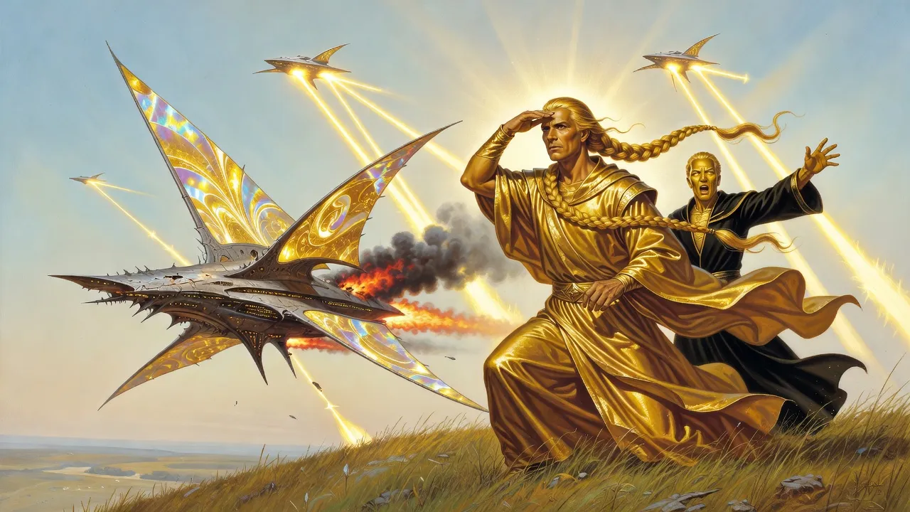 On a bright hillside, a golden-robed ruler rises from one knee, shading his eyes, while a stern nobleman behind him shouts and points at a crippled ornate warship trailing fire low across the sky as other warships open fire on it.