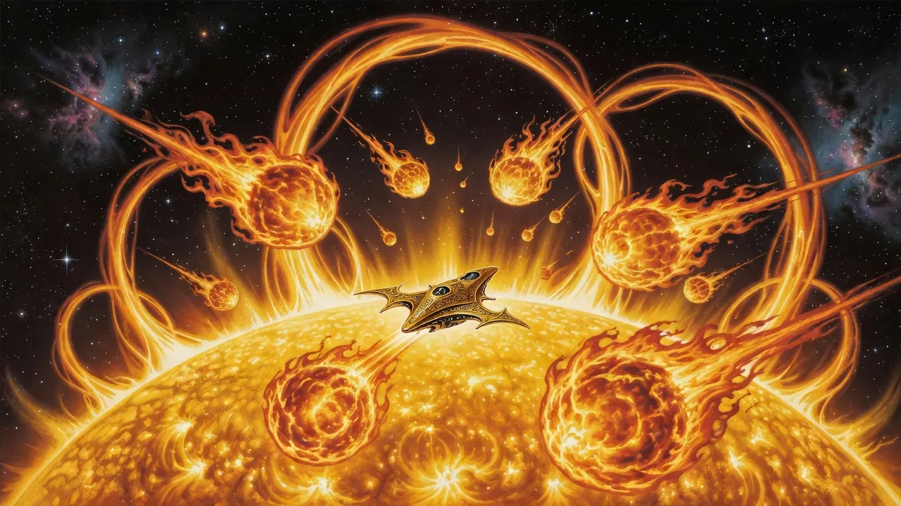 A small ornate alien ship plunges toward the blazing surface of a sun as enormous living fireballs close in around it.