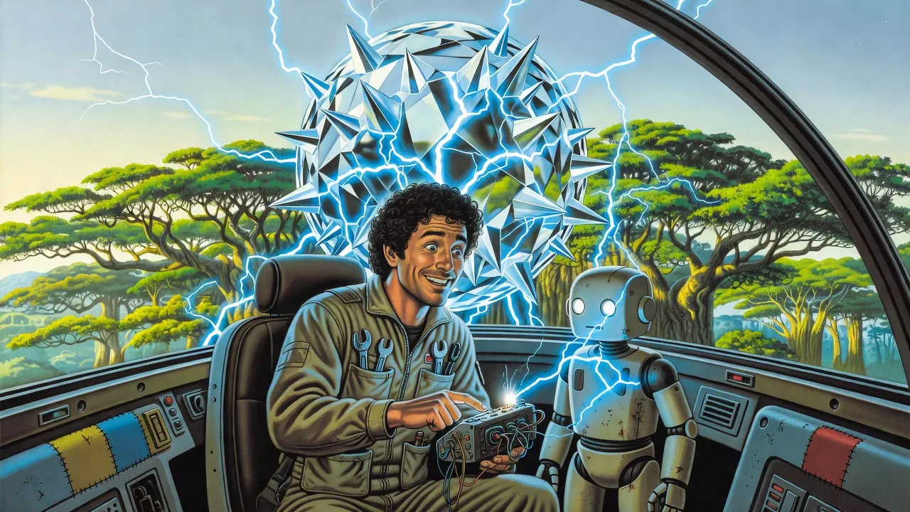 In the cockpit of a small ship above a vast forest, a wild-haired man with a nervous grin presses a button on a wired gadget as a colossal diamond sphere crackling with blue lightning looms outside.