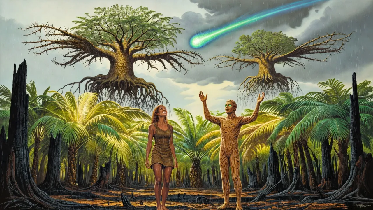 Under a sky streaked by a glowing blue-green comet trail and curtains of rain, gigantic thorny living tree-ships descend over a scorched forest while a young woman and a wooden figure look up.