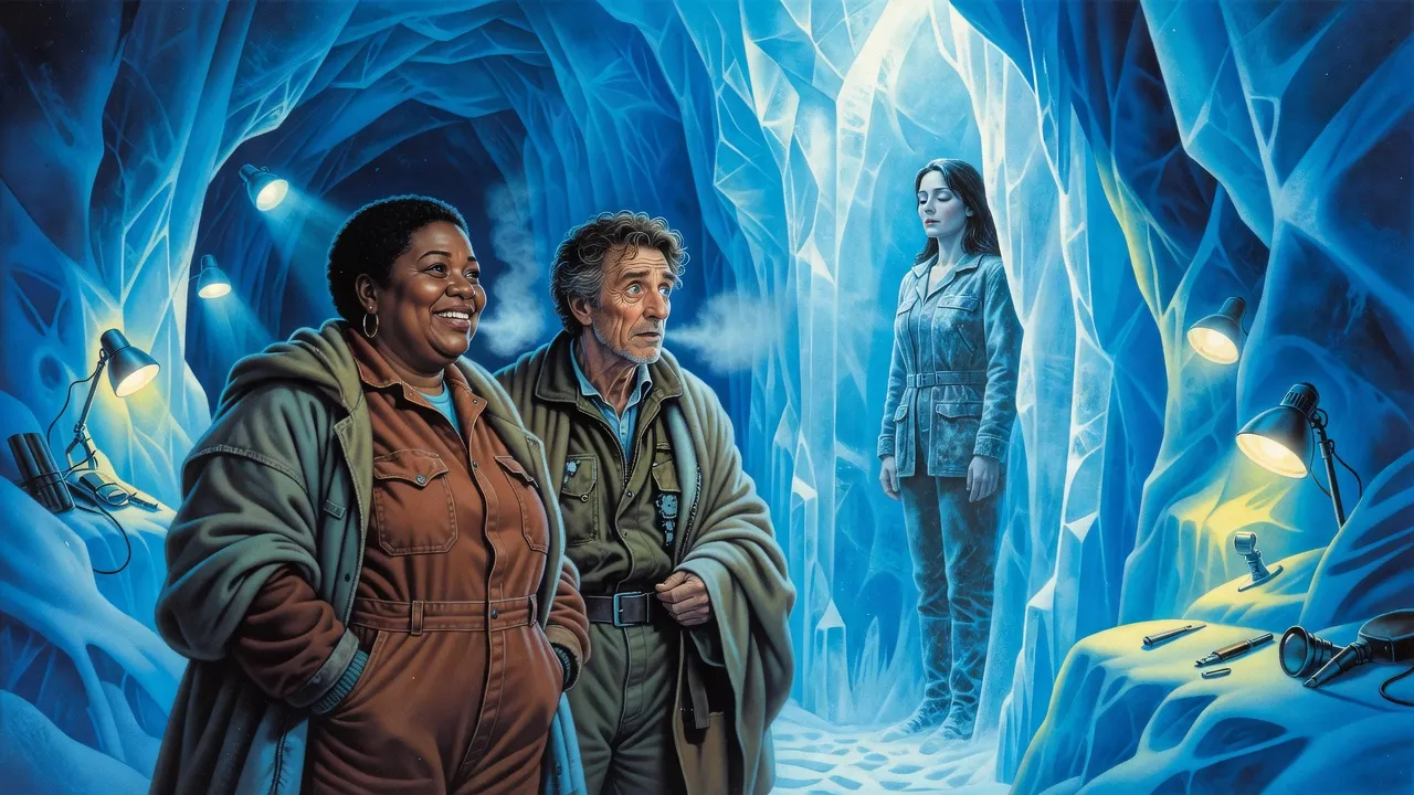In a frozen cavern lit by work lamps, a big woman and a wiry pilot bundled in mismatched coats stare at a pale woman’s still face deep inside a wall of blue ice.