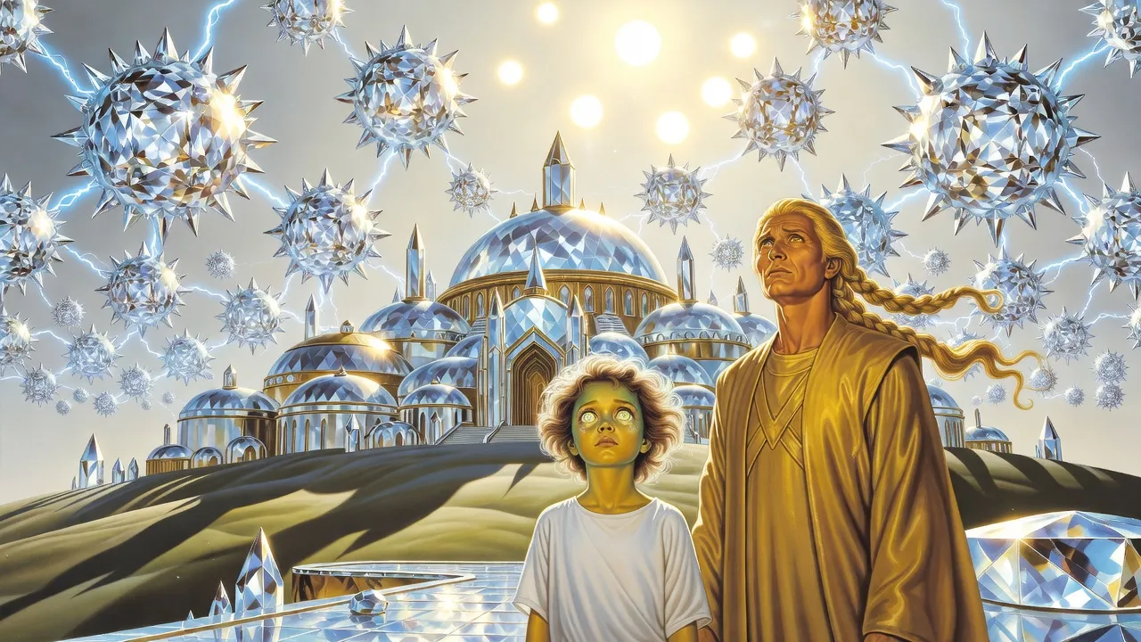 A golden-haired man in gold robes and a small girl with glowing eyes look up from a crystal terrace at a sky packed with spiked diamond spheres crackling with lightning above a palace of crystal domes, several suns blazing overhead.