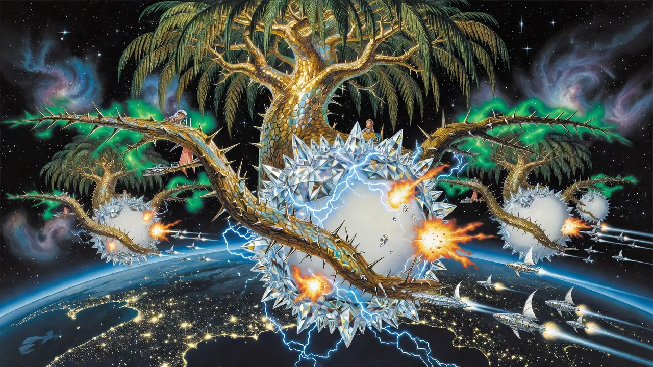 A painted space battle above the night side of Earth: giant thorny living-tree starships crush diamond-hulled warglobes while a stream of ornate alien warships dives past.