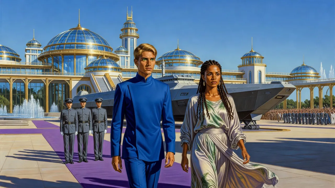 A king and queen walk a long purple carpet across a palace plaza toward a small group of soldiers, a grey transport ship behind them.
