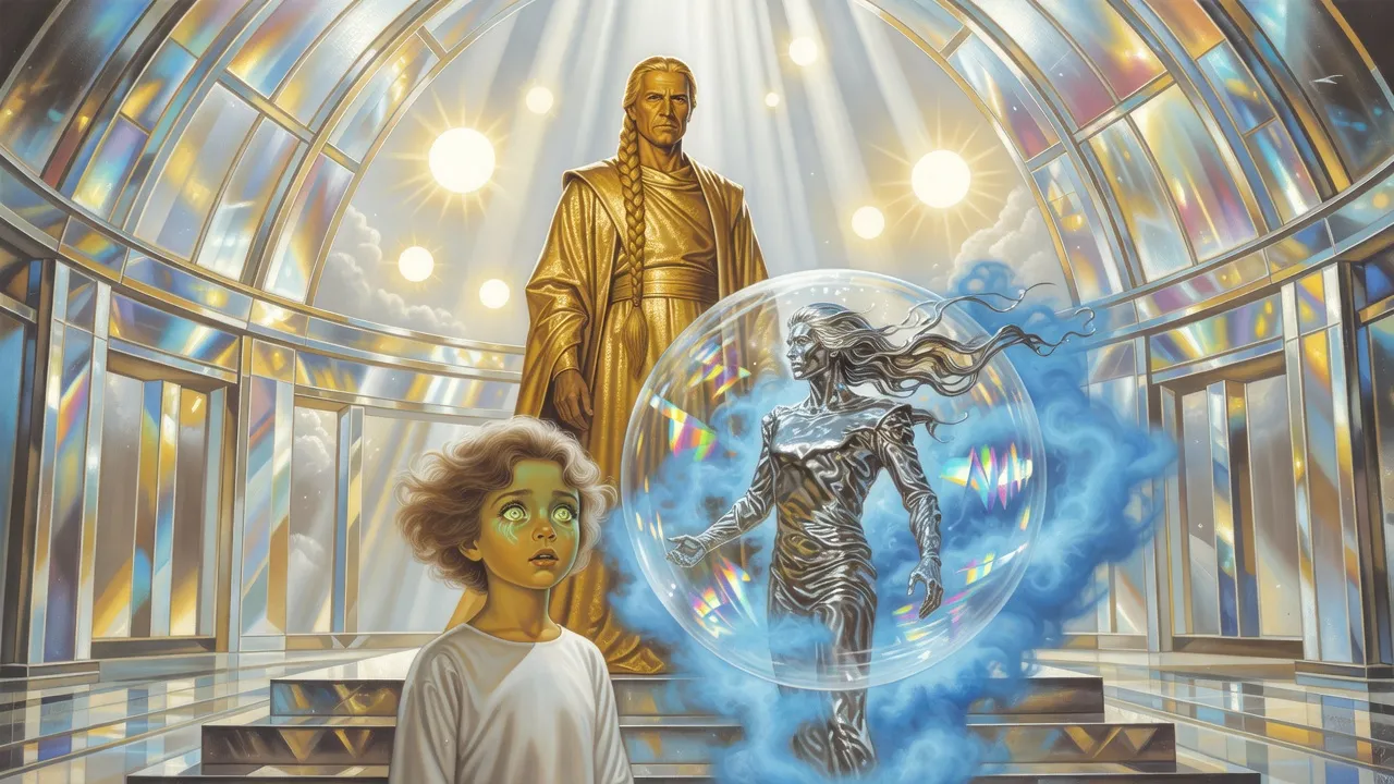 In a crystal hall, a robed ruler and a small girl face a quicksilver man-shaped figure floating inside a misty transparent sphere.