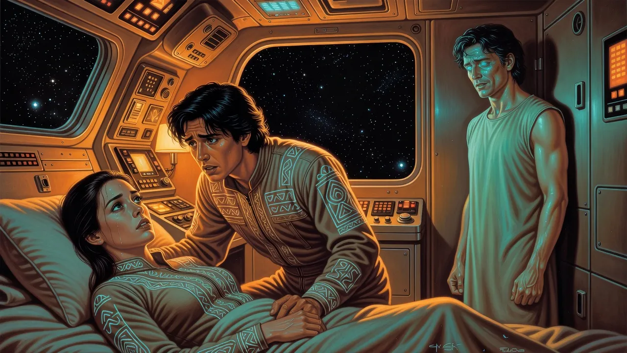 In a cramped spaceship cabin a dying woman lies on a bunk tended by a young pilot, while a softly glowing man stands apart against the wall.