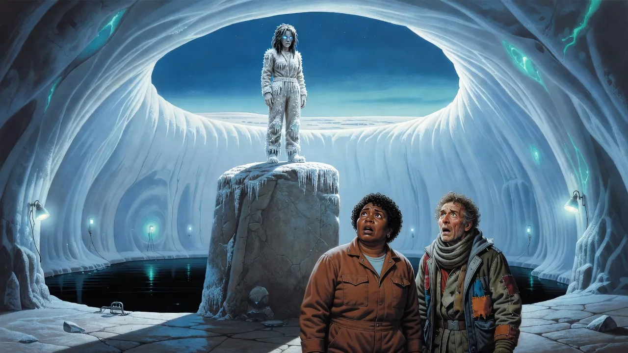 Under a ceiling of ice, a frost-white woman stands on a curved stone monolith while a heavyset woman and a wiry man stare up at her.