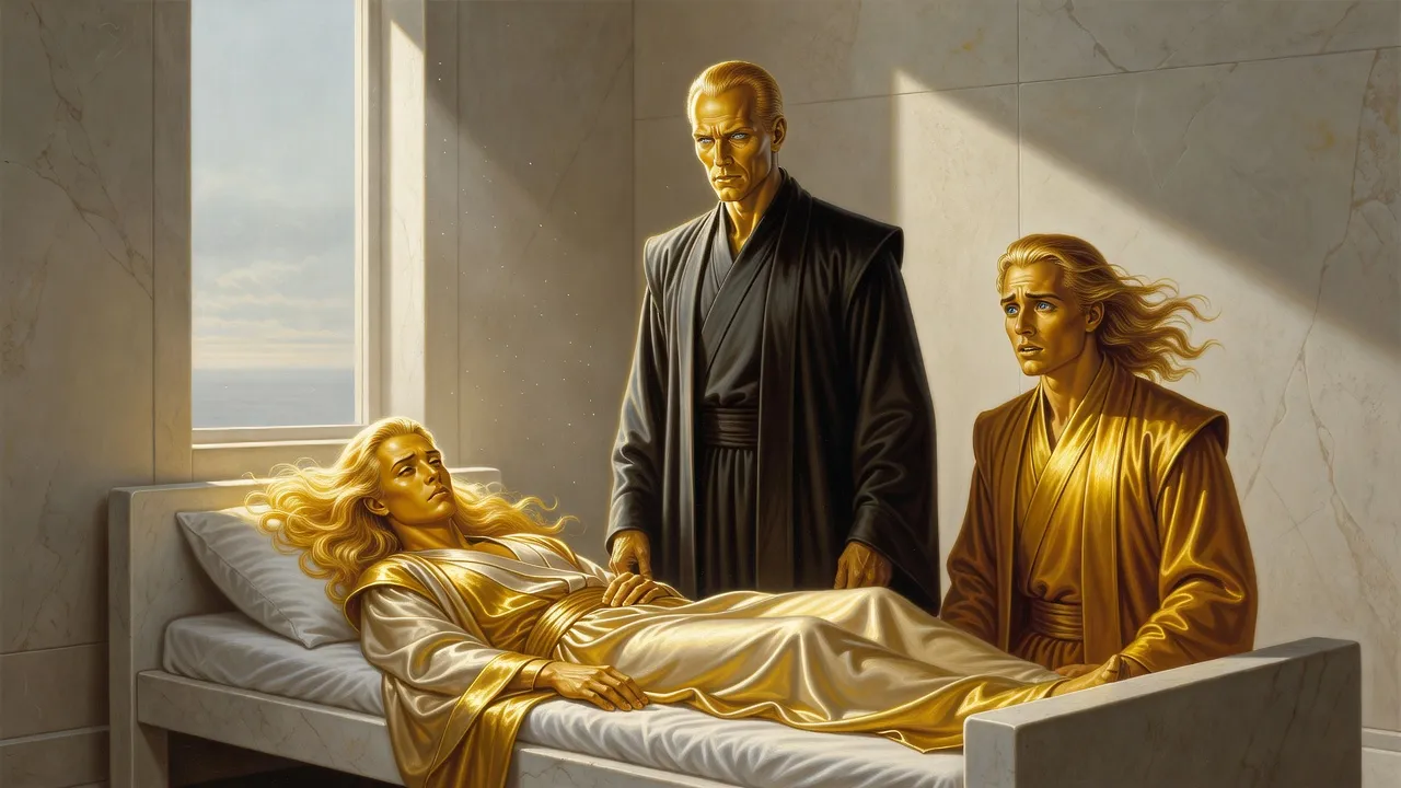 Two robed alien noblemen stand over a young golden-haired man lying drugged and slack on a narrow bed.