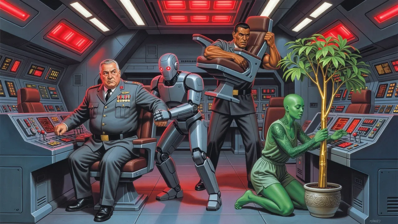 On a warship’s bridge a grey combat robot drags a heavy-set admiral from his chair while a tall officer swings a chair at it and a green-skinned woman kneels at a potted tree.