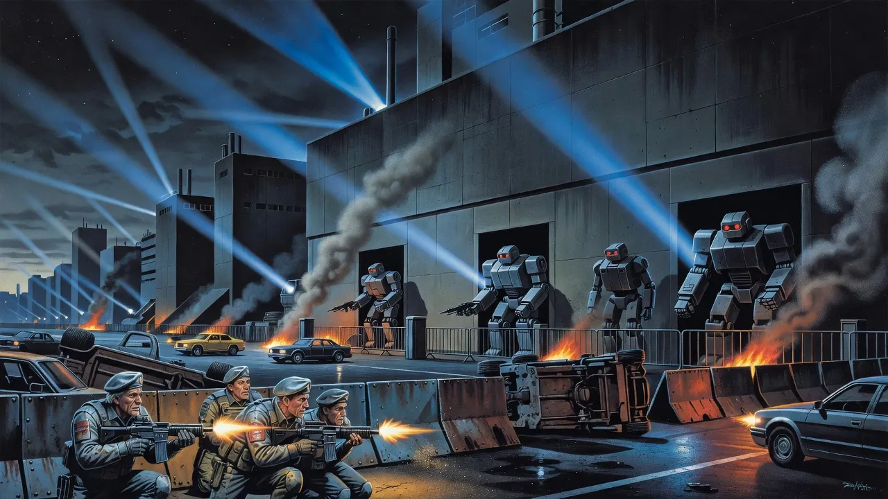 Soldiers in silver berets fire from barricades at a huge grey factory whose dark doorways glow with the red eyes of robots.