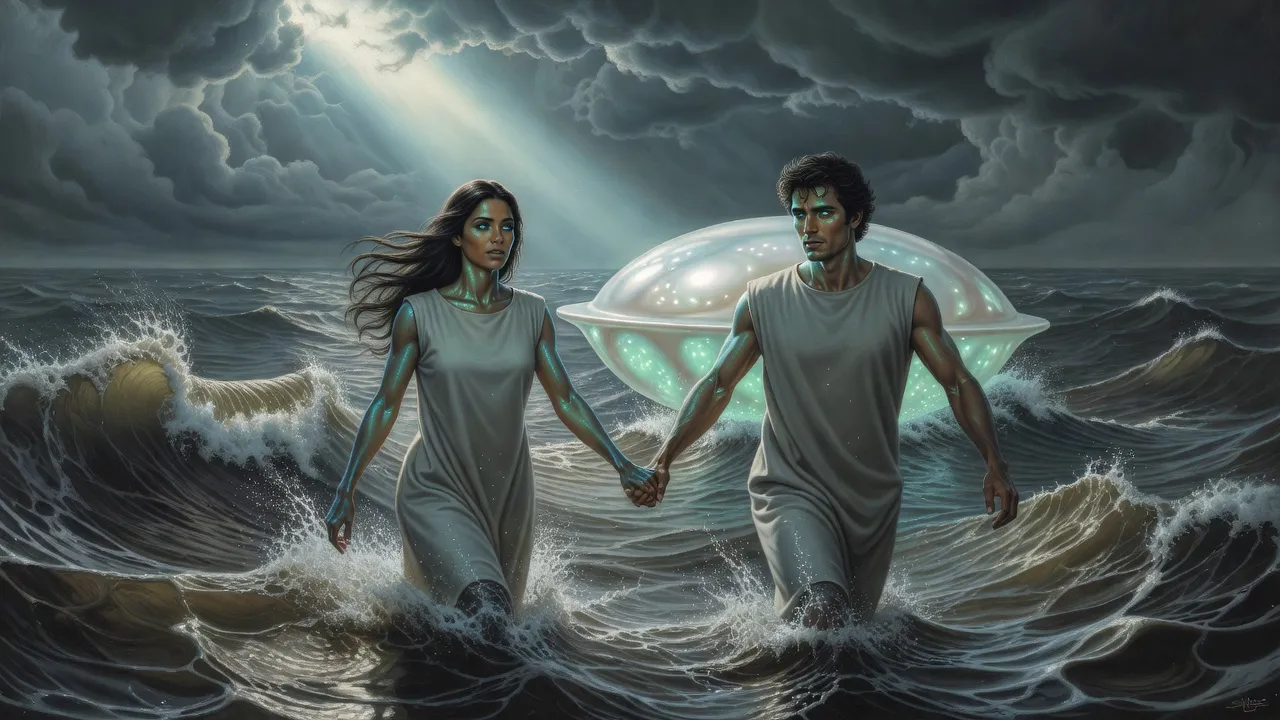 In a stormy grey sea a glowing woman rises from the waves and takes the hand of a glowing man, a pearl-like vessel hovering behind them.