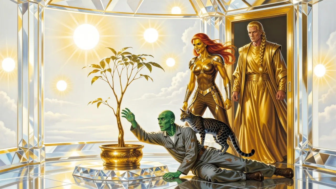 In a bright crystal chamber a green-skinned man sprawls toward a potted sapling, a spotted hunting cat on his back, while a warrior woman blocks him.