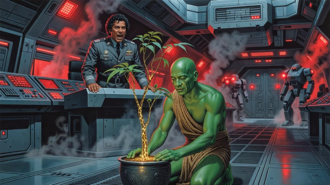 On a smoky warship bridge a green-skinned man kneels at a potted tree while a curly-haired admiral shouts orders and red robot eyes glow in the doorway.