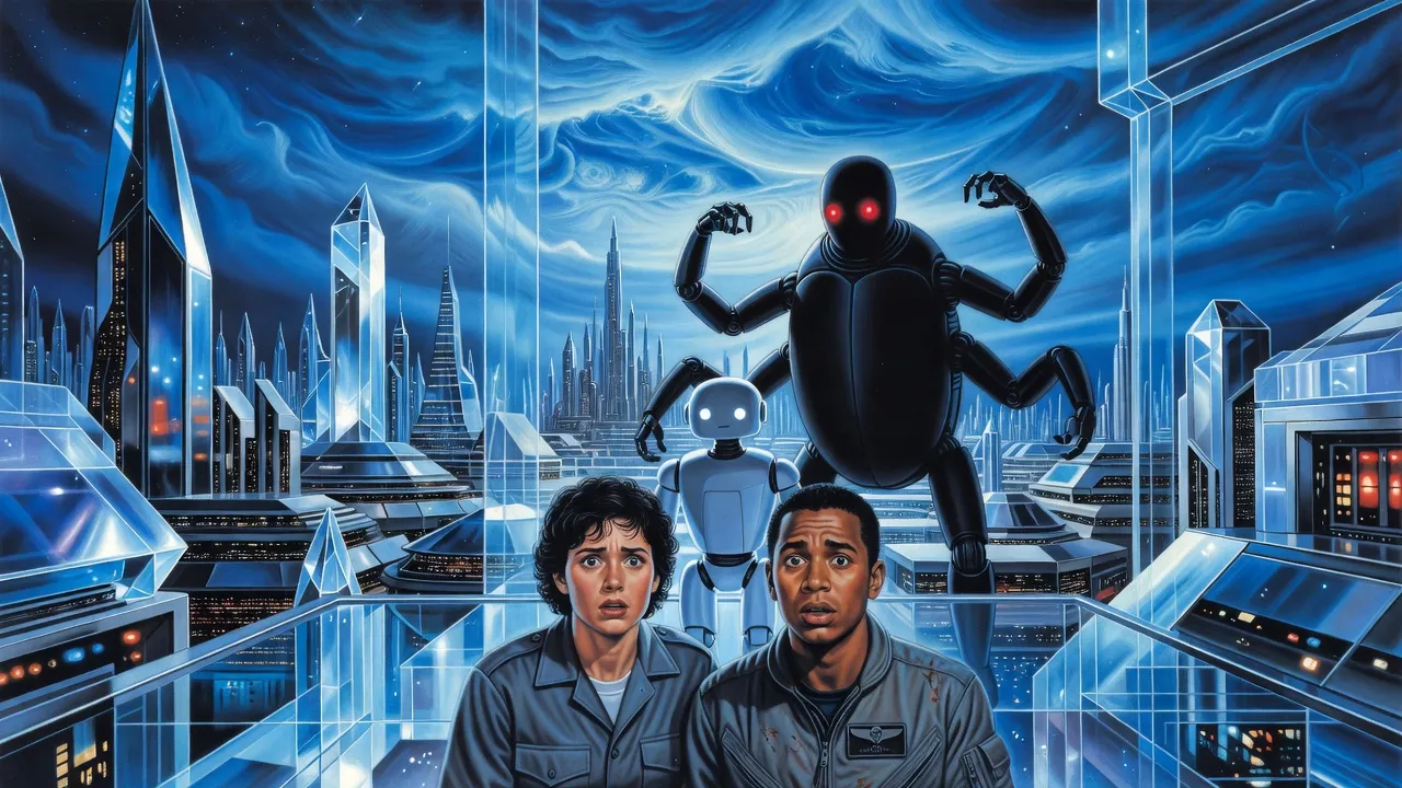Inside a crystalline alien city, a young man and woman stand together staring at a small robot, a huge black beetle-like robot looming behind it.