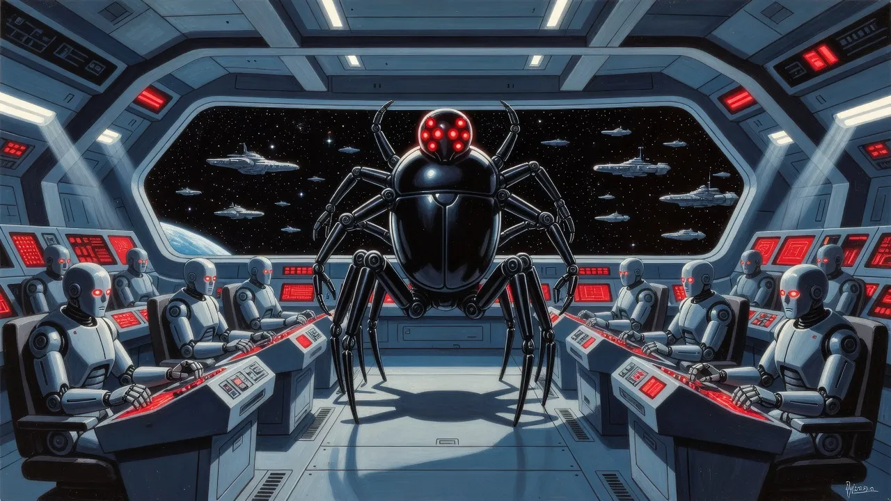 A huge black beetle-shaped robot stands on a captured warship’s bridge crewed by grey combat robots, a stolen fleet on the viewscreen.
