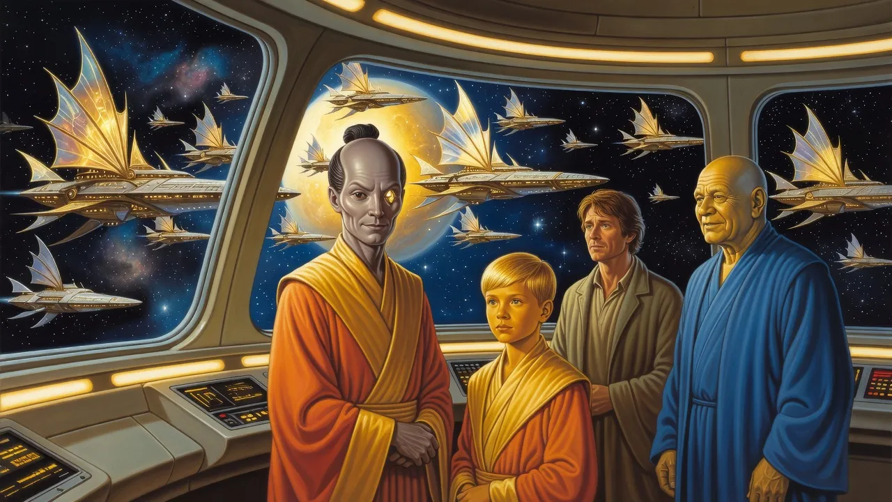 On an ornate warship’s bridge a one-eyed alien commander and a solemn boy look out at a departing fleet while a human scholar and an elderly alien storyteller talk behind them.