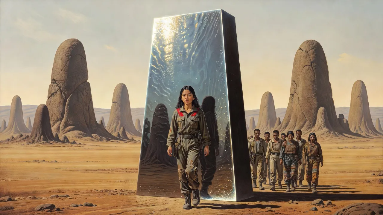 A teenage girl steps out of a shimmering stone gateway onto a dusty plain of weathered alien towers, colonists following behind her.