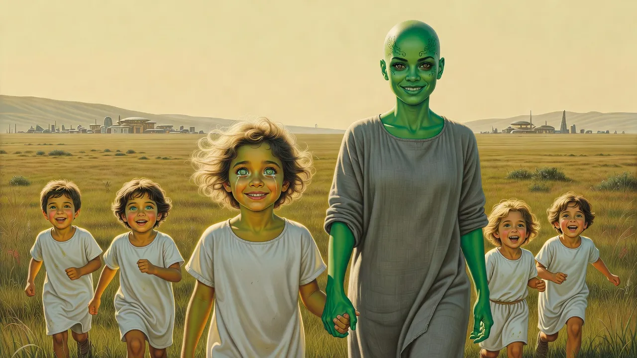 A small girl leads a green-skinned woman by the hand across a grassy plain toward a few younger children running to meet them.