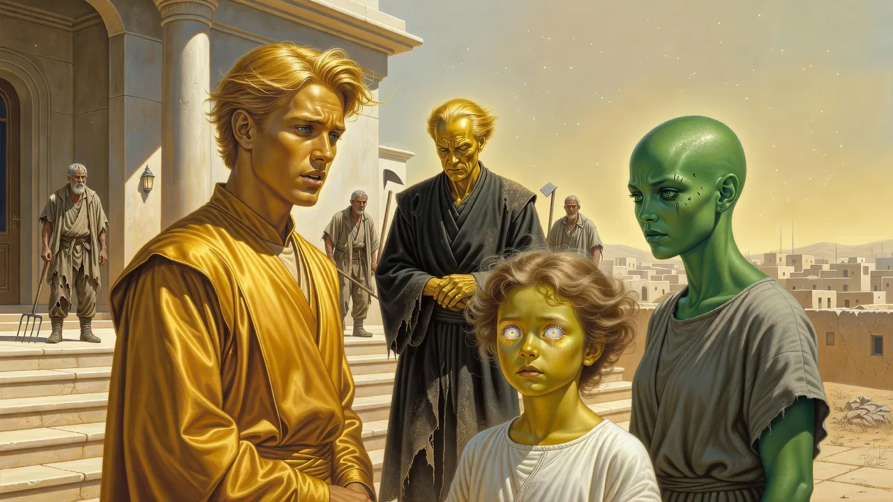 A small girl faces a young alien nobleman on the steps of a residence, a green-skinned woman beside her and a crowd with farm tools holding a dishevelled older nobleman behind.