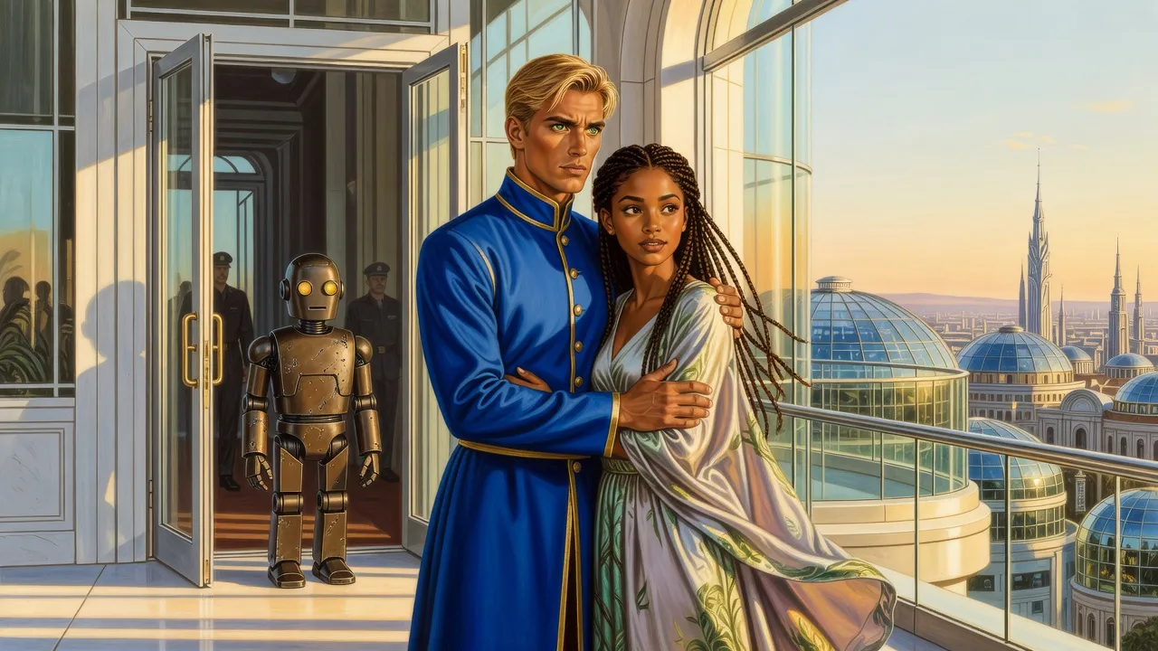 A king and queen stand at the rail of a palace balcony looking out over a city, an old bronze robot waiting in the doorway behind them.