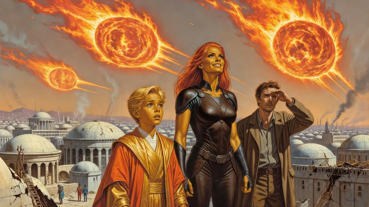 Huge flaming fireballs blaze across a smoky sky above a battered city as a solemn boy turns in astonishment to a tall warrior woman.