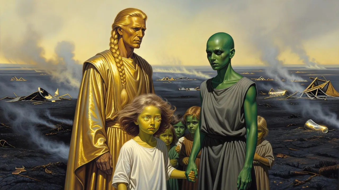 A tall golden-robed ruler stands on scorched ground facing a green-skinned woman, a small girl holding her hand and younger children behind them.