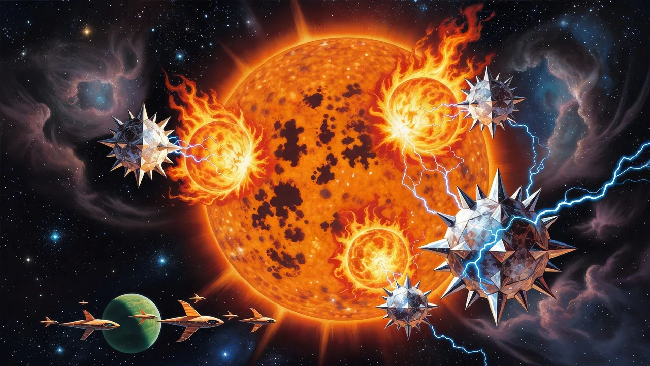 A huge orange sun mottled with dark blotches flares with battling fireballs and crystal spheres while ornate ships pull away from a small planet.